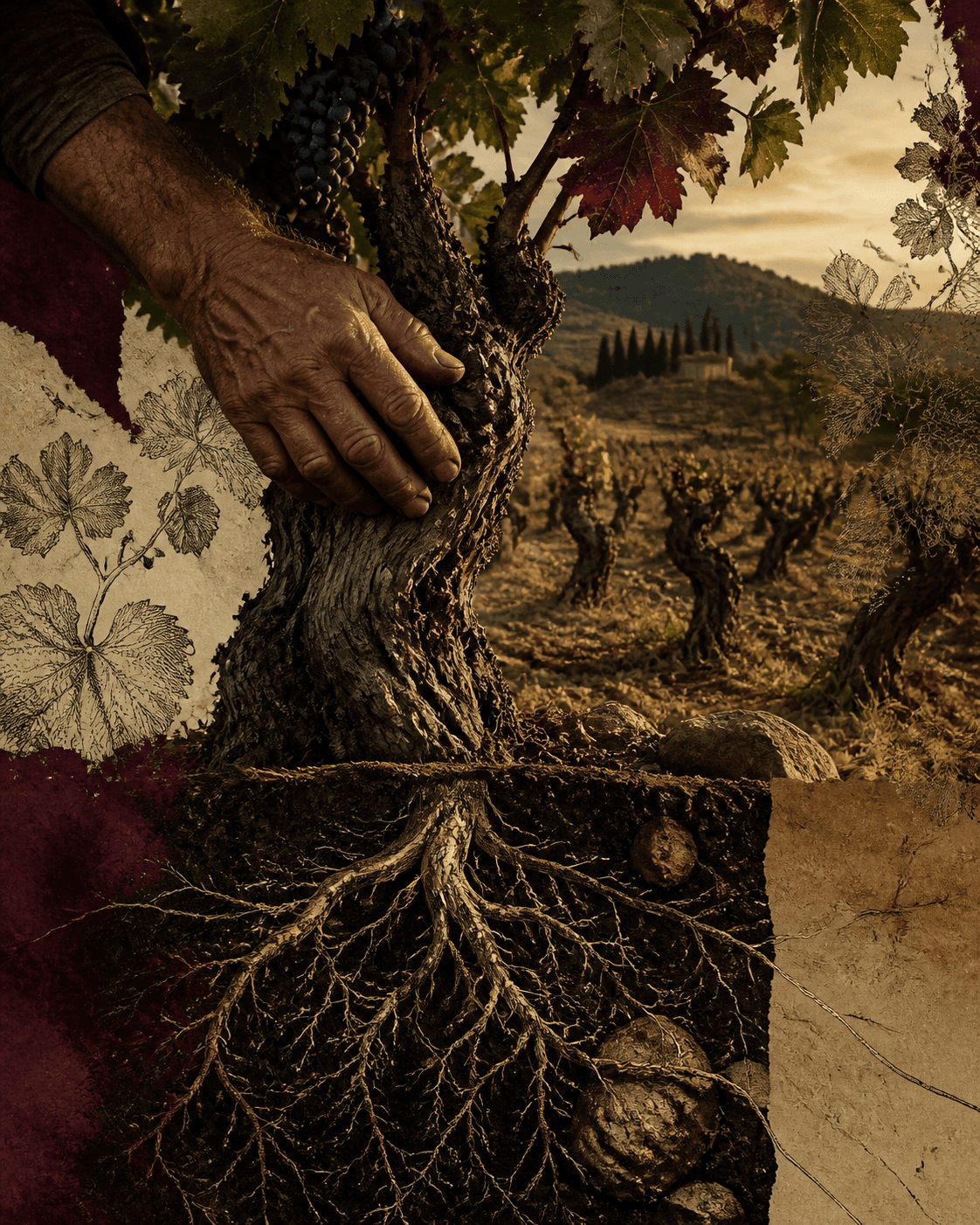 Les mains d’un vigneron sur les racines d’un vieux cep